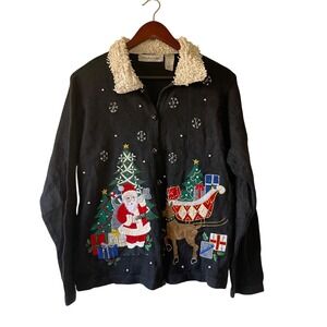 Vintage‎ Black Christmas Santa Reindeer Sweater Cardigan Embellished Womens L